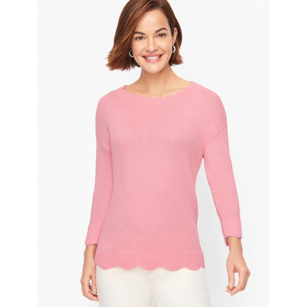 Talbots Scalloped Boatneck Cotton Blend Knit Sweater Pink Preppy Feminine Easter
